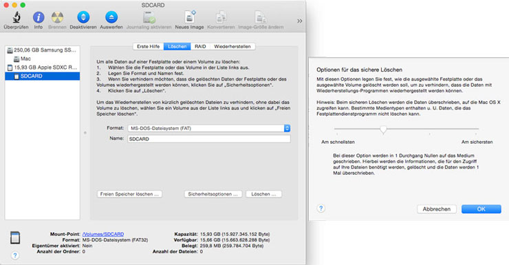 Datenträger sicher löschen mit Mac OS Festplattendienstprogramm
